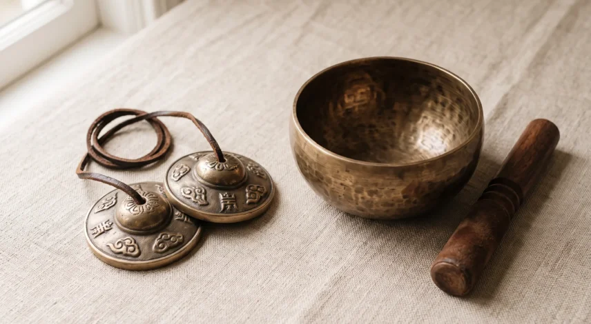 tingsha-bells-vs-singing-bowl-comparison Tibetan tingsha bells and a bronze singing bowl side by side on a linen surface