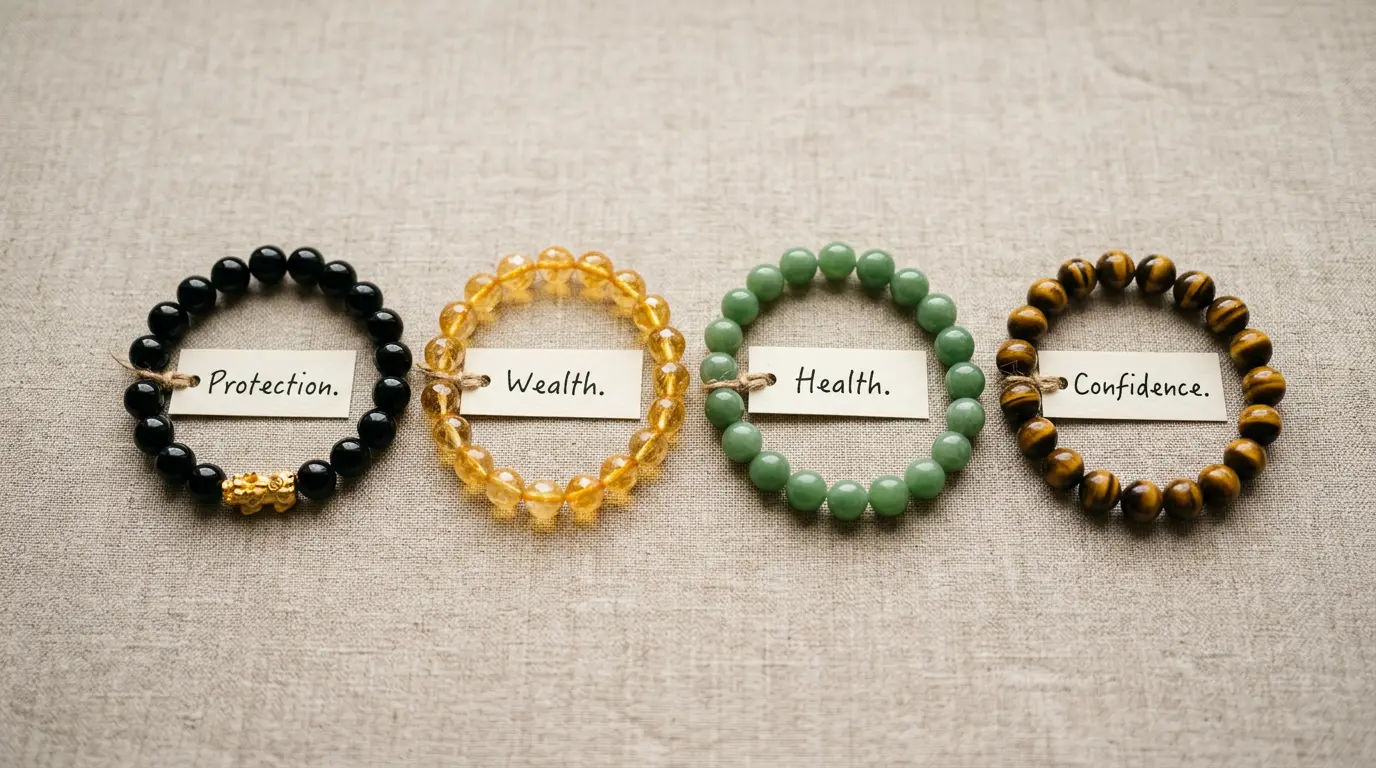 Four feng shui bracelets compared: black obsidian Pixiu for protection, citrine for wealth, green jade for health, and tiger's eye