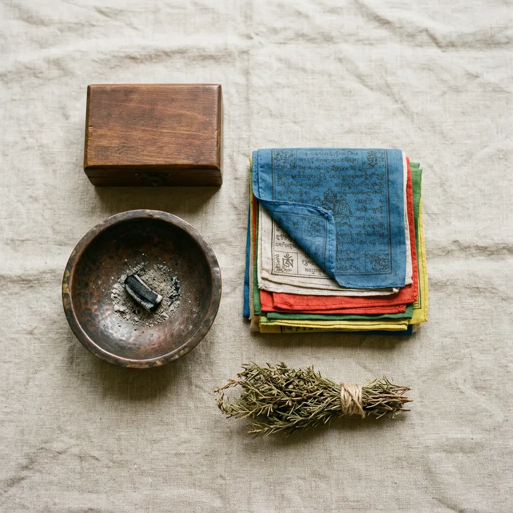 Cotton and synthetic Tibetan prayer flags folded neatly beside a fire pit and a small wooden box, showing options to burn, bury, or recycle old prayer flags