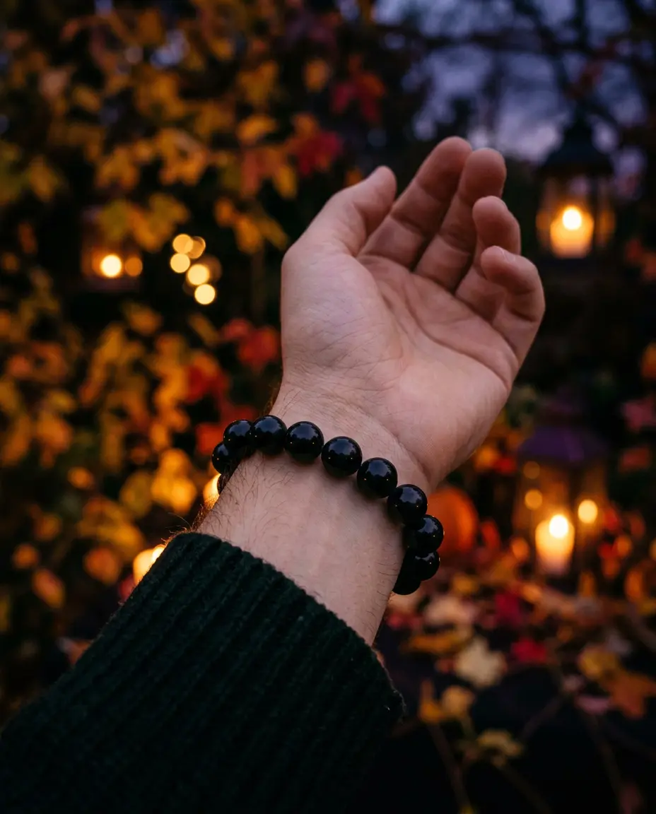 A wrist wearing a black obsidian bead bracelet held up against an autumn evening background of golden leaves and soft candlelight, evoking Halloween and Samhain season