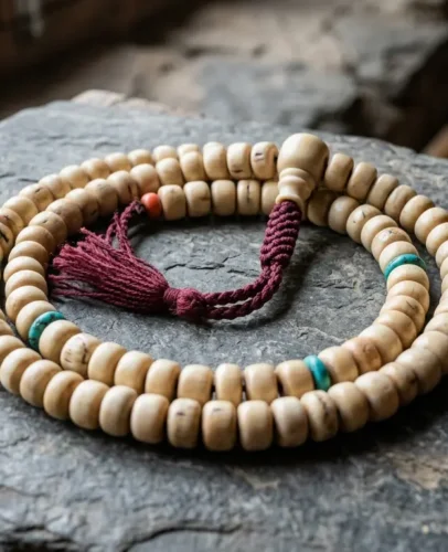yak-bone-mala-beads-108-strand-tibetan Yak bone mala beads coiled in a spiral, showing 108 cream bone beads and a larger guru bead with tassel