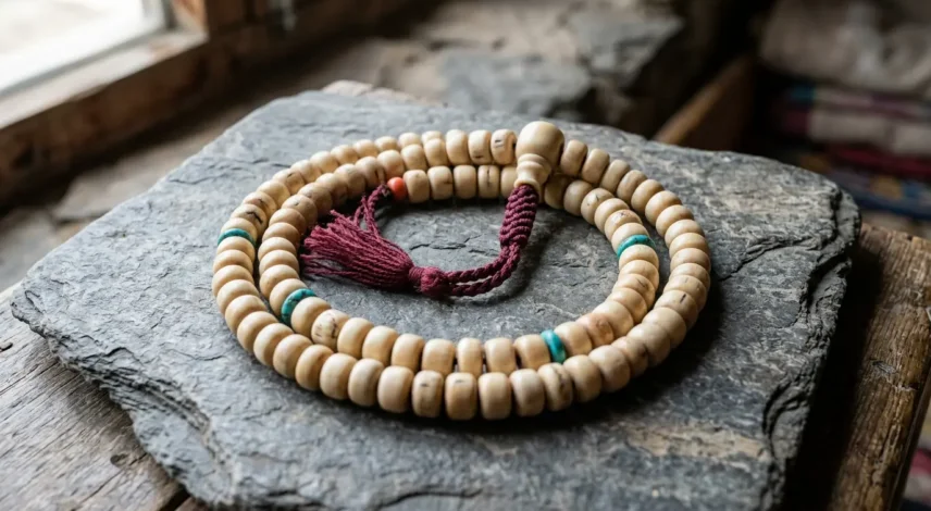 yak-bone-mala-beads-108-strand-tibetan Yak bone mala beads coiled in a spiral, showing 108 cream bone beads and a larger guru bead with tassel