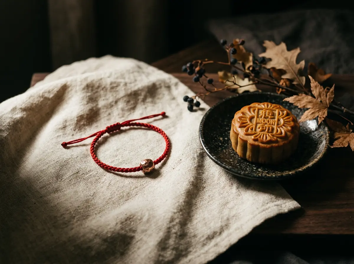 Red string bracelet with copper bead resting on linen beside dried autumn branches under soft moonlight
