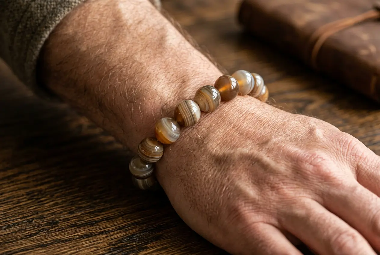 Bold 10mm crystal bracelet sitting higher on a larger wrist, showing the stone color and detail up close