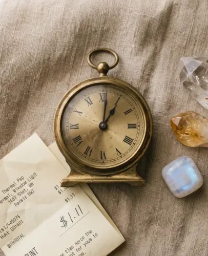 111-angel-number-clock-manifestation-crystals Clock showing 1:11 beside clear quartz, citrine and moonstone crystals on warm linen, illustrating the 111 angel number
