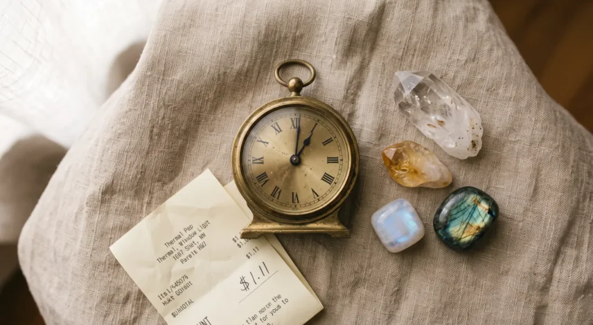 111-angel-number-clock-manifestation-crystals Clock showing 1:11 beside clear quartz, citrine and moonstone crystals on warm linen, illustrating the 111 angel number