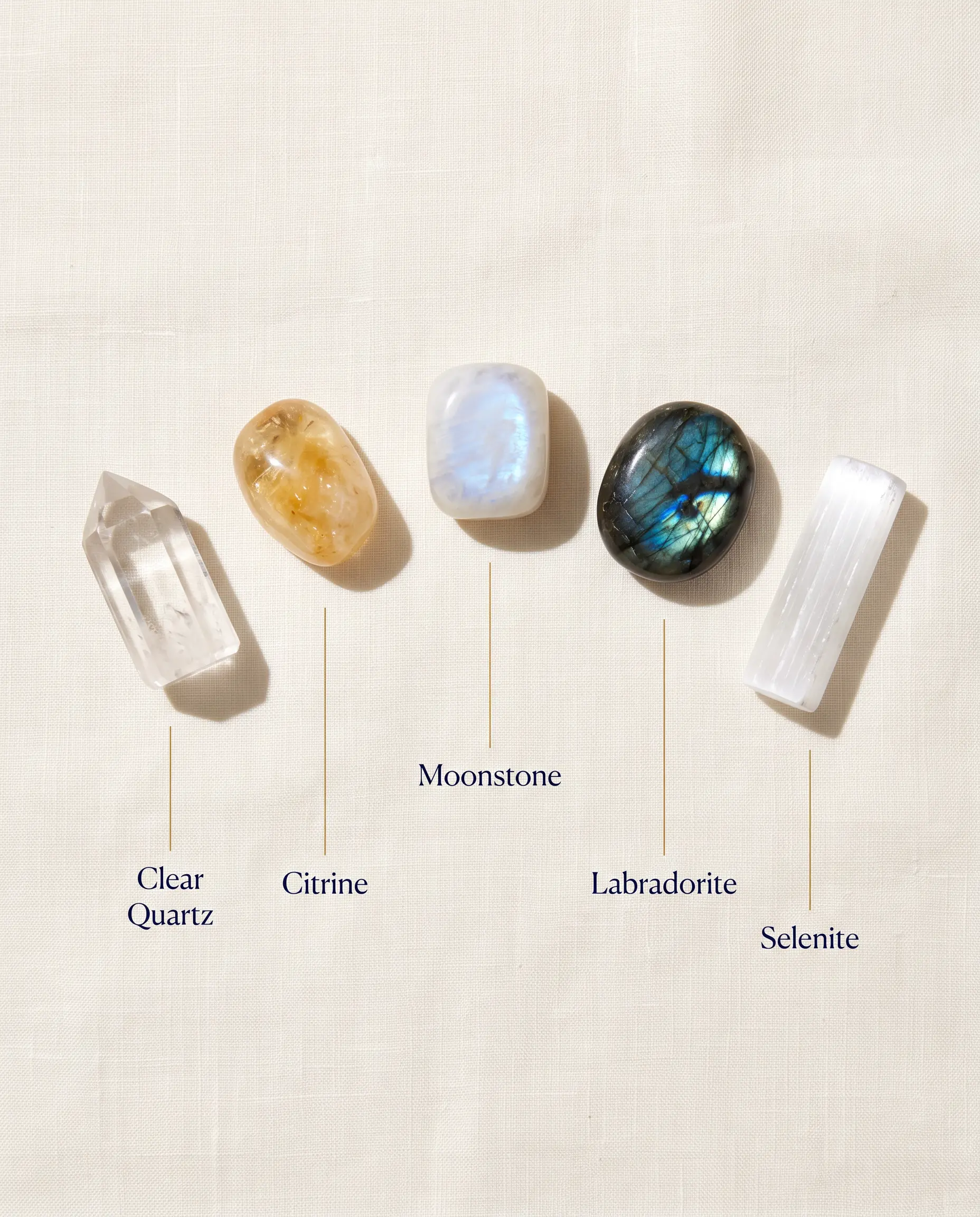 Five manifestation crystals paired with the 111 angel number — clear quartz, citrine, moonstone, labradorite and selenite — arranged and labeled on linen
