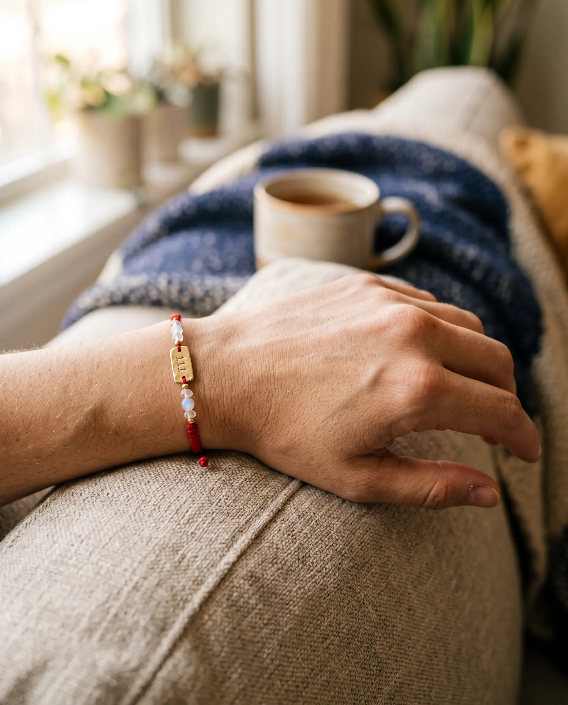 Left wrist wearing a 111 angel number red string bracelet in soft morning light, worn as a daily manifestation reminder