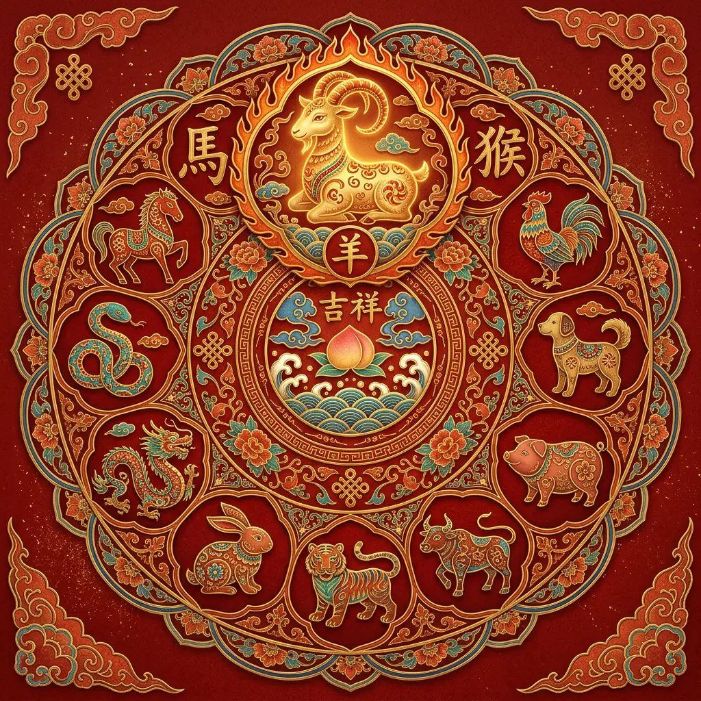 The 12 Chinese zodiac animals arranged in a circle for the 2027 Year of the Goat, with the Goat highlighted in gold at the top.