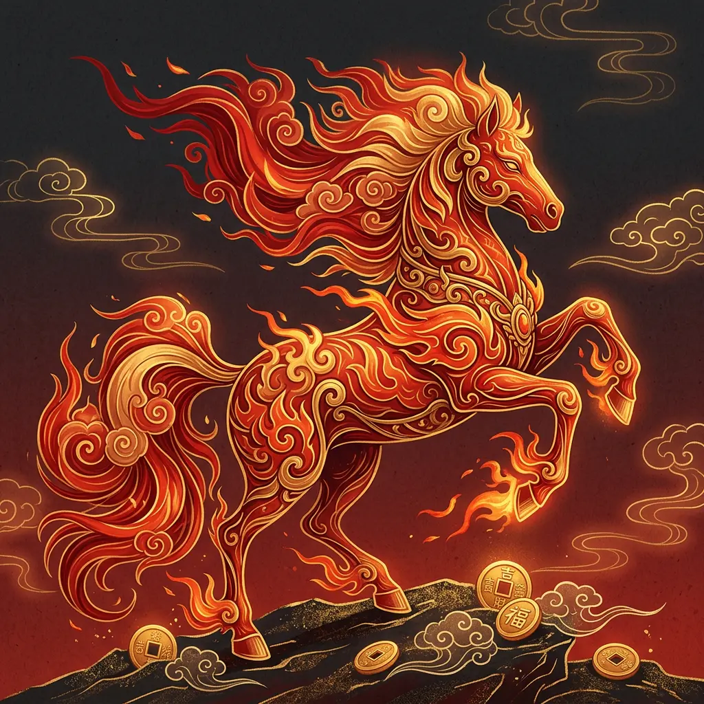 A dramatic illustration of a flaming red and gold horse surrounded by swirling fire energy, with a golden Pixiu talisman glowing at its chest, symbolizing 2026 Fire Horse Year feng shui power