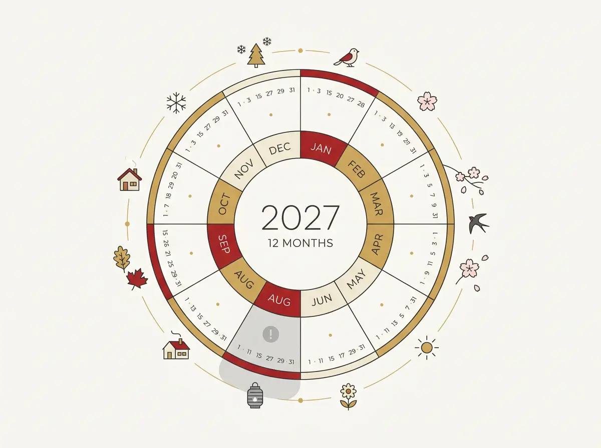 2027 Chinese almanac overview of the best windows for big moves, with favorable spring and fall and a Ghost Month caution period.
