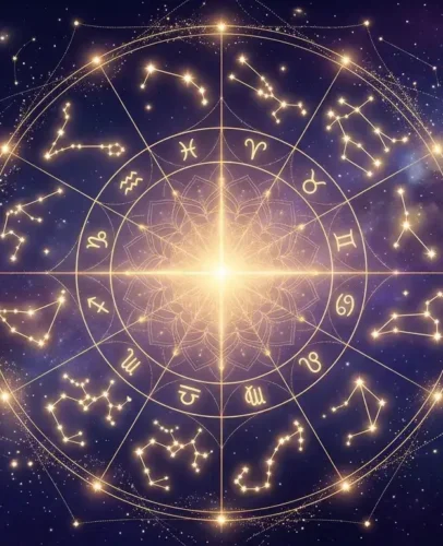 A glowing celestial zodiac wheel with all twelve astrology signs against a deep starry night sky for the 2027 horoscope.