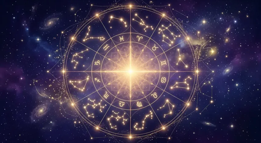 2027-horoscope-zodiac-wheel-night-sky A glowing celestial zodiac wheel with all twelve astrology signs against a deep starry night sky for the 2027 horoscope.