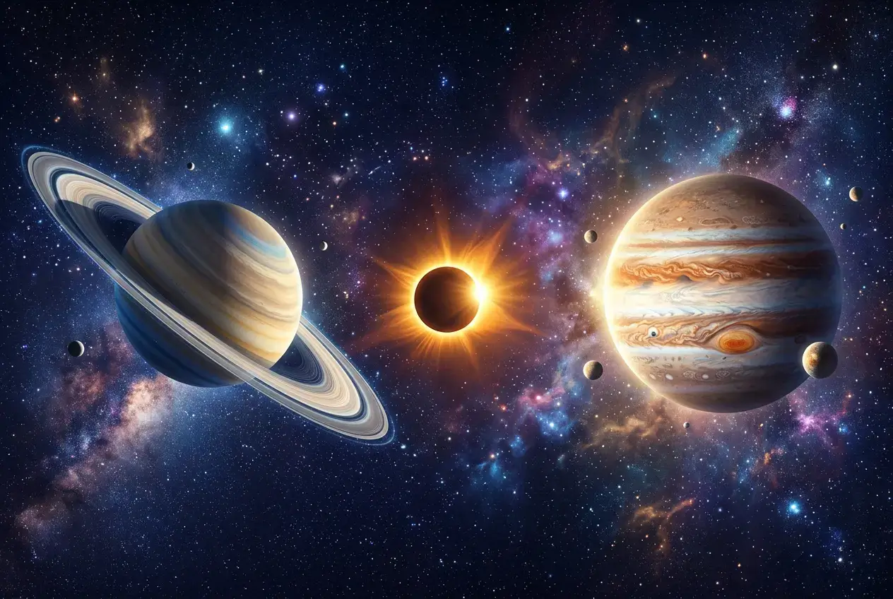 Saturn's rings, a bright Jupiter, and a solar eclipse over a deep starfield, showing the major 2027 planetary transits.