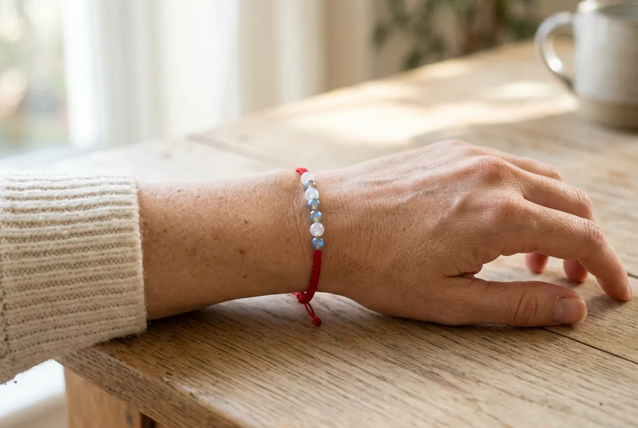 Red string angel number bracelet with moonstone and labradorite beads worn on the left wrist