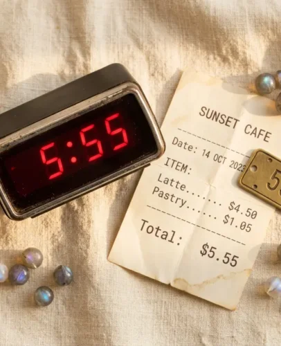 555-angel-number-meaning-hero Digital clock at 5:55 with a $5.55 receipt and 555 license plate, symbolizing the 555 angel number