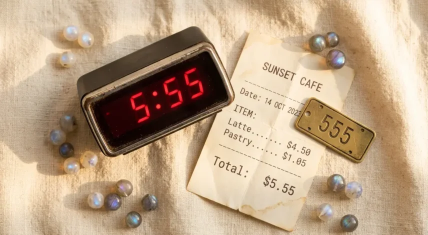 555-angel-number-meaning-hero Digital clock at 5:55 with a $5.55 receipt and 555 license plate, symbolizing the 555 angel number