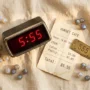 555-bilang-ng-anghel-kahulugan-bayani Digital na orasan sa ganap na 5:55 na may resibo na $5.55 at plaka ng sasakyan na 555, na sumisimbolo sa numero ng anghel na 555