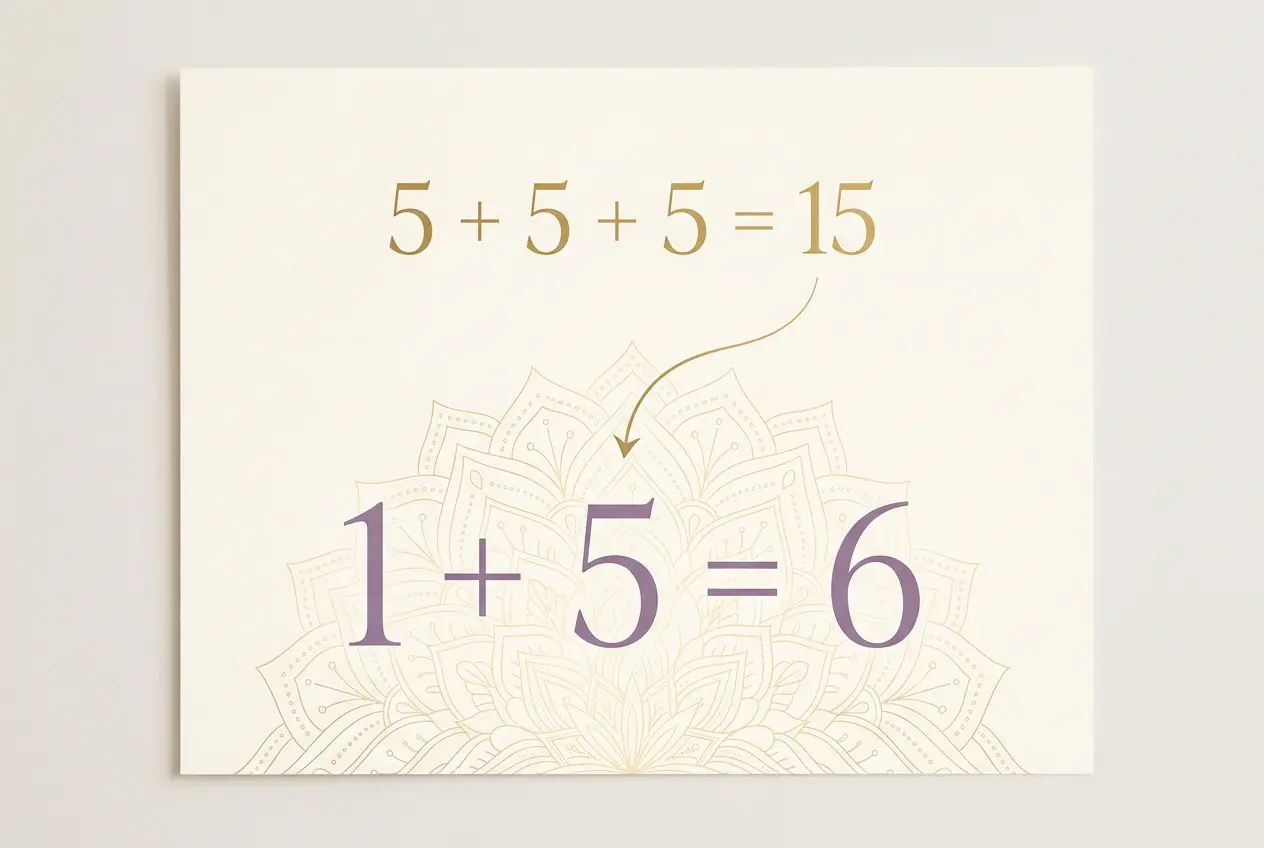 Numerology illustration showing 5+5+5=15 and 1+5=6, the hidden meaning behind the 555 angel number