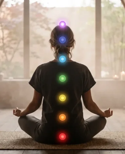 Person meditating in lotus pose with the seven chakras glowing in rainbow colors from the base of the spine to the crown