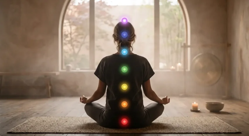 7-chakras-meditation-energy-centers-hero Person meditating in lotus pose with the seven chakras glowing in rainbow colors from the base of the spine to the crown