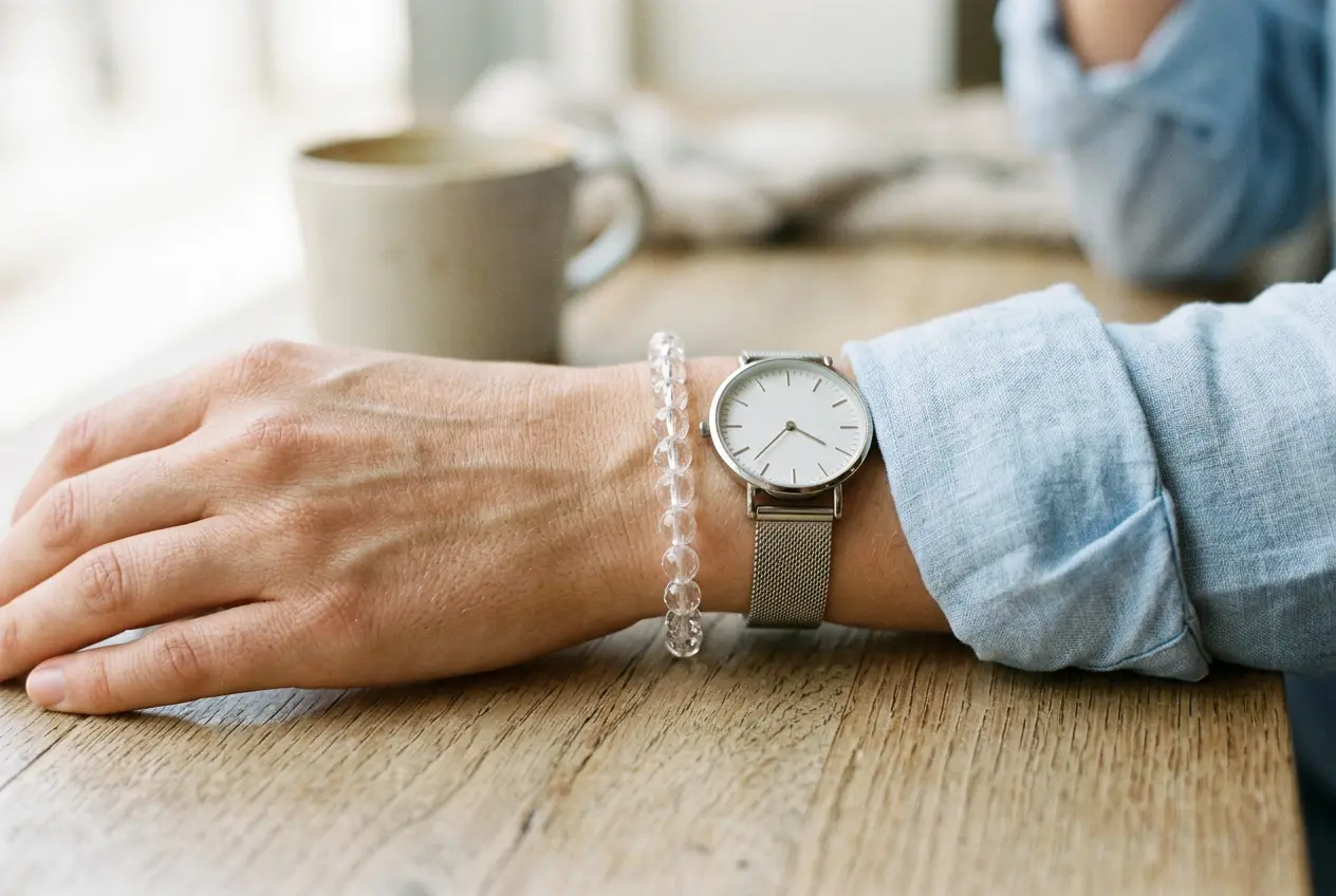 Slim 8mm crystal bracelet sitting flat on a wrist next to a watch, showing an easy everyday look