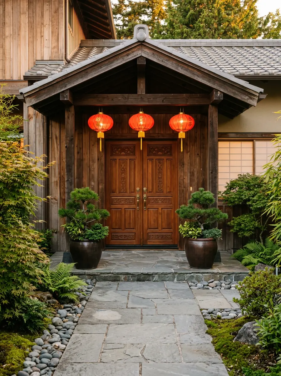 A clean, well-lit wooden front door flanked by potted plants and warm lanterns, with an unobstructed path leading to the entrance, symbolizing the feng shui concept of the mouth of chi.