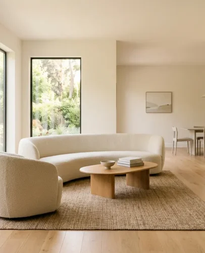 A bright, airy living room with natural light streaming through open curtains, healthy green plants in the corners, and unobstructed walkways — illustrating ideal sheng chi flow in feng shui.