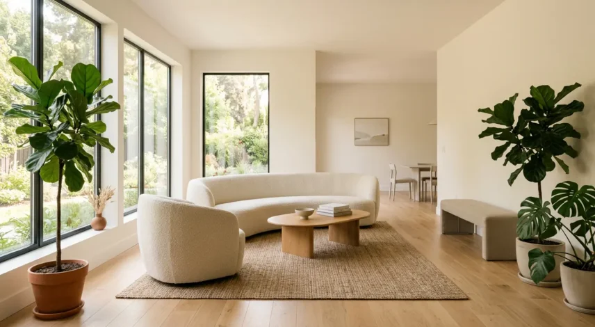 A Living Room with Balanced Chi Flow A bright, airy living room with natural light streaming through open curtains, healthy green plants in the corners, and unobstructed walkways — illustrating ideal sheng chi flow in feng shui.