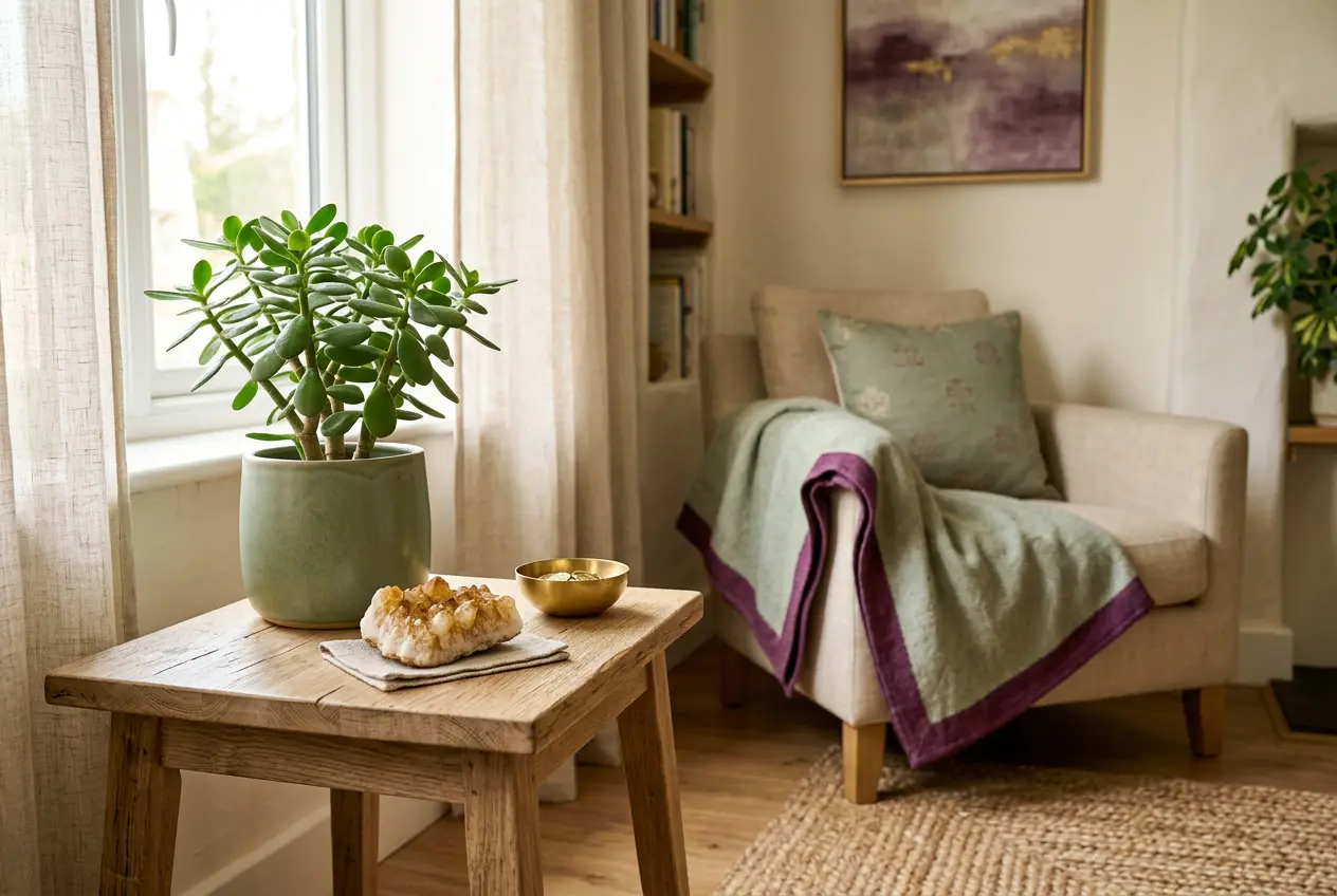 Southeast room corner styled with a money plant and citrine crystal to activate the feng shui wealth corner.