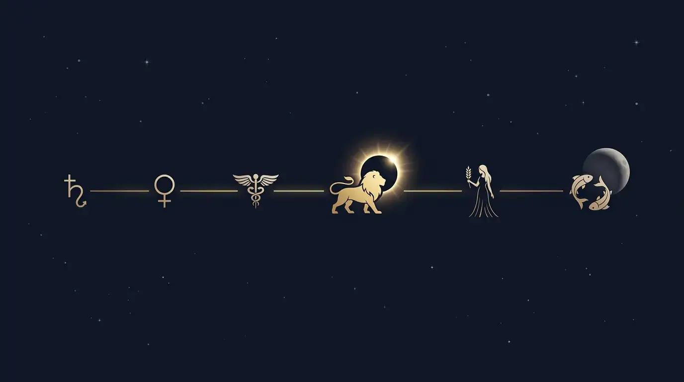 Infographic timeline of August 2026's key astrological dates including the Leo solar eclipse and Pisces lunar eclipse