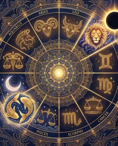 Zodiac wheel illustration highlighting Leo and Pisces for the August 2026 horoscope and eclipse season