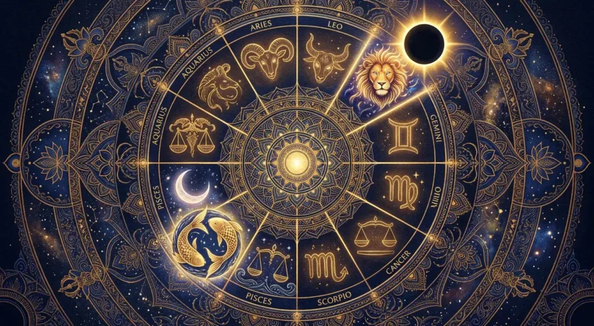 August 2026 Horoscope Zodiac Wheel Zodiac wheel illustration highlighting Leo and Pisces for the August 2026 horoscope and eclipse season