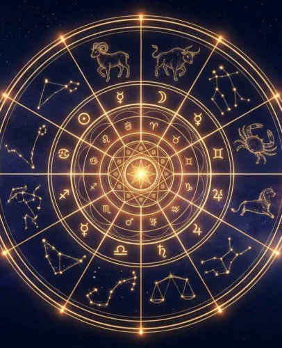 Birth Chart Wheel Over a Night Sky A glowing natal chart wheel with zodiac signs and planets over a starry night sky