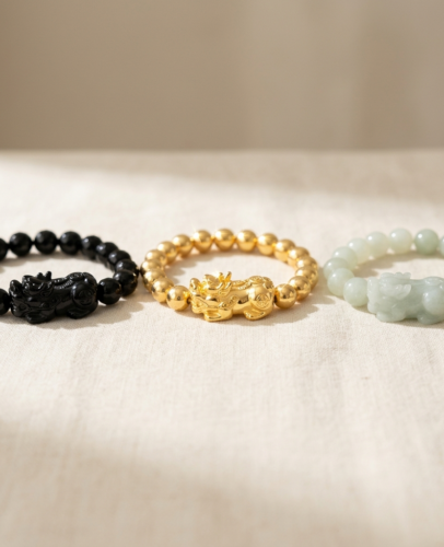 Black obsidian, gold, and jade pixiu bracelets side by side showing the three main pixiu material choices