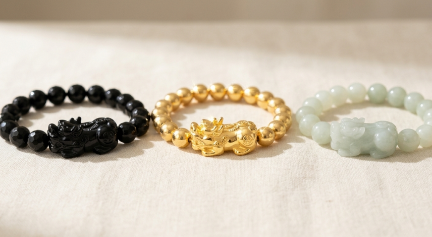 Black Obsidian, Gold, and Jade Pixiu Bracelets Compared Black obsidian, gold, and jade pixiu bracelets side by side showing the three main pixiu material choices