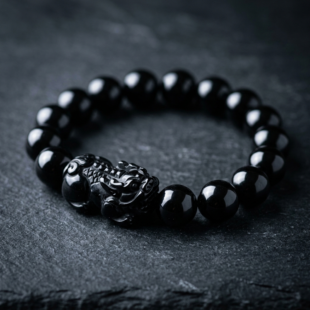 Close-up of a black obsidian pixiu bracelet with glossy volcanic glass beads