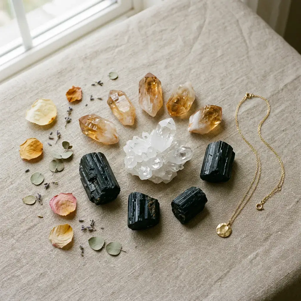 Citrine, clear quartz, and black tourmaline crystals arranged for eclipse season rituals