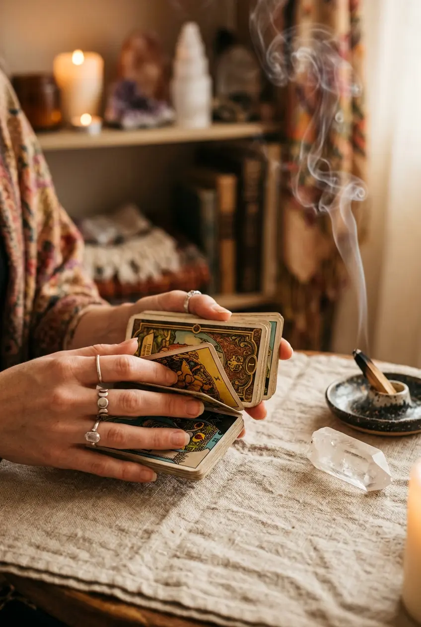 Hands shuffling a tarot deck beside a clear quartz crystal and smoking incense stick
