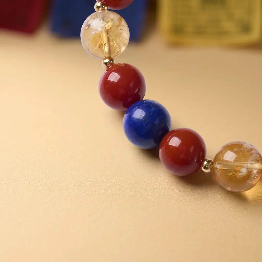 Detail korálků z drahokamu citrín, červený achát a lapis lazuli – detail ručně vyrobeného náramku Makro detail lesklých korálků z citrínu, červeného achátu a lapis lazuli s malými zlatými distančními prvky na béžovém povrchu