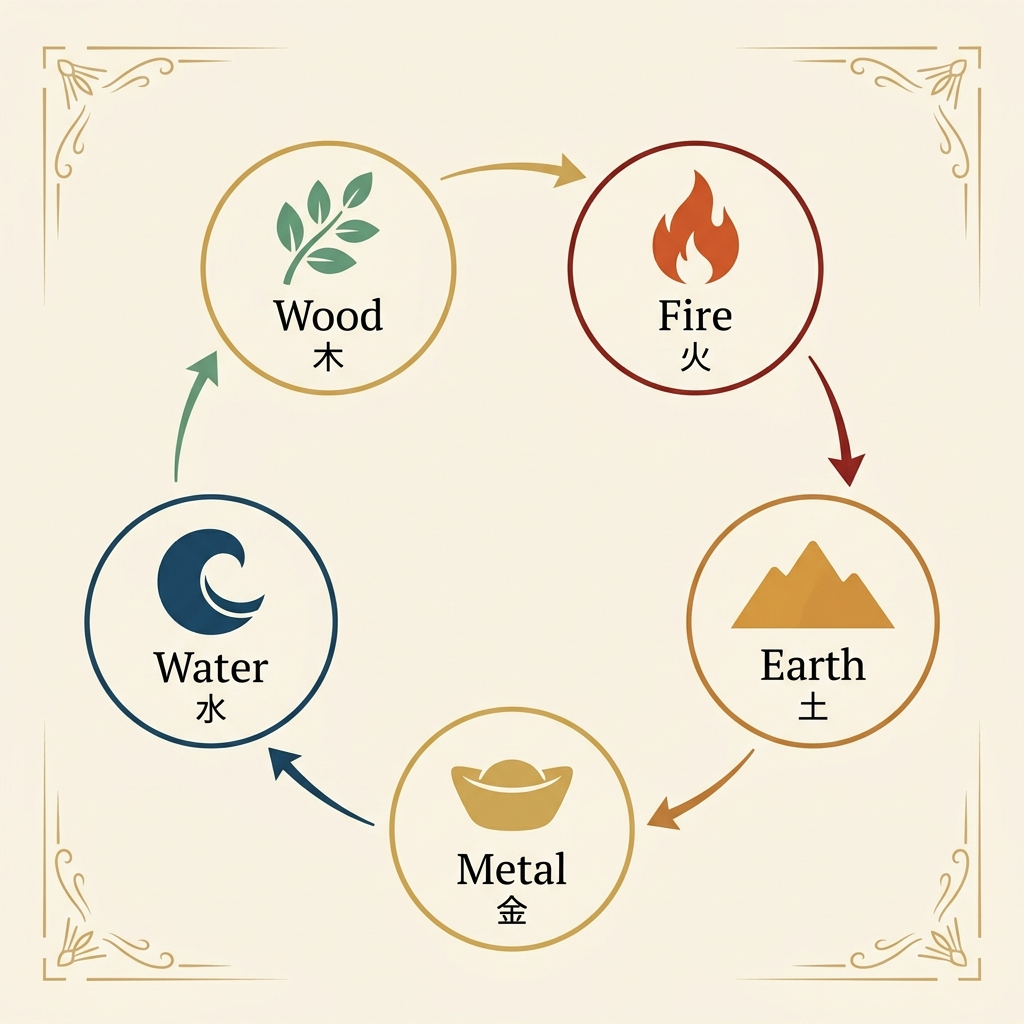 Infographic-style illustration showing the five Chinese elements (Wood, Fire, Earth, Metal, Water) arranged in a circle with matching Pixiu bracelet materials — jade, red agate, citrine, gold, and obsidian