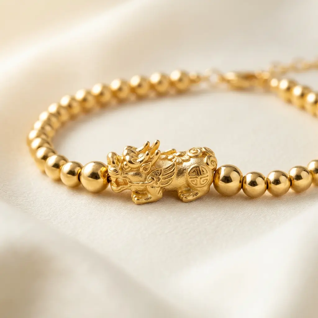 Close-up of a gold pixiu charm bracelet representing the Metal element