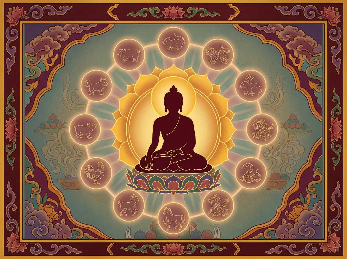 Guardian Buddha and Chinese zodiac sign pairing chart in traditional Tibetan style