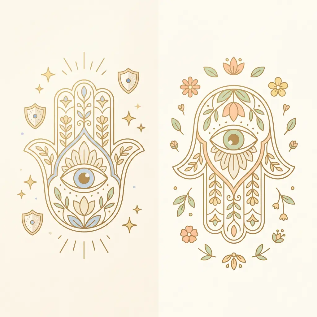 Diagram comparing a Hamsa hand facing up for protection and facing down for blessings and abundance