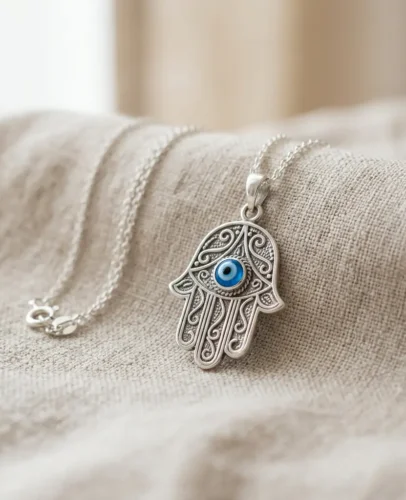 Silver Hamsa hand pendant with a blue evil eye at its center, symbolizing protection and good fortune