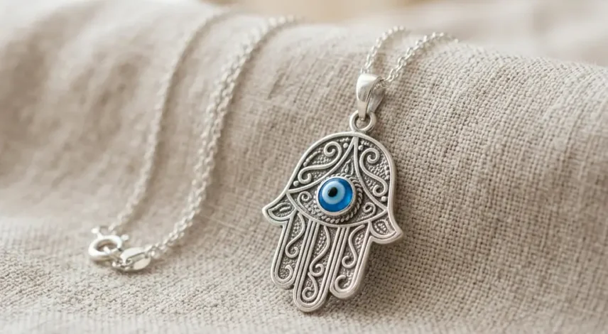 Silver Hamsa hand pendant with a blue evil eye at its center, symbolizing protection and good fortune