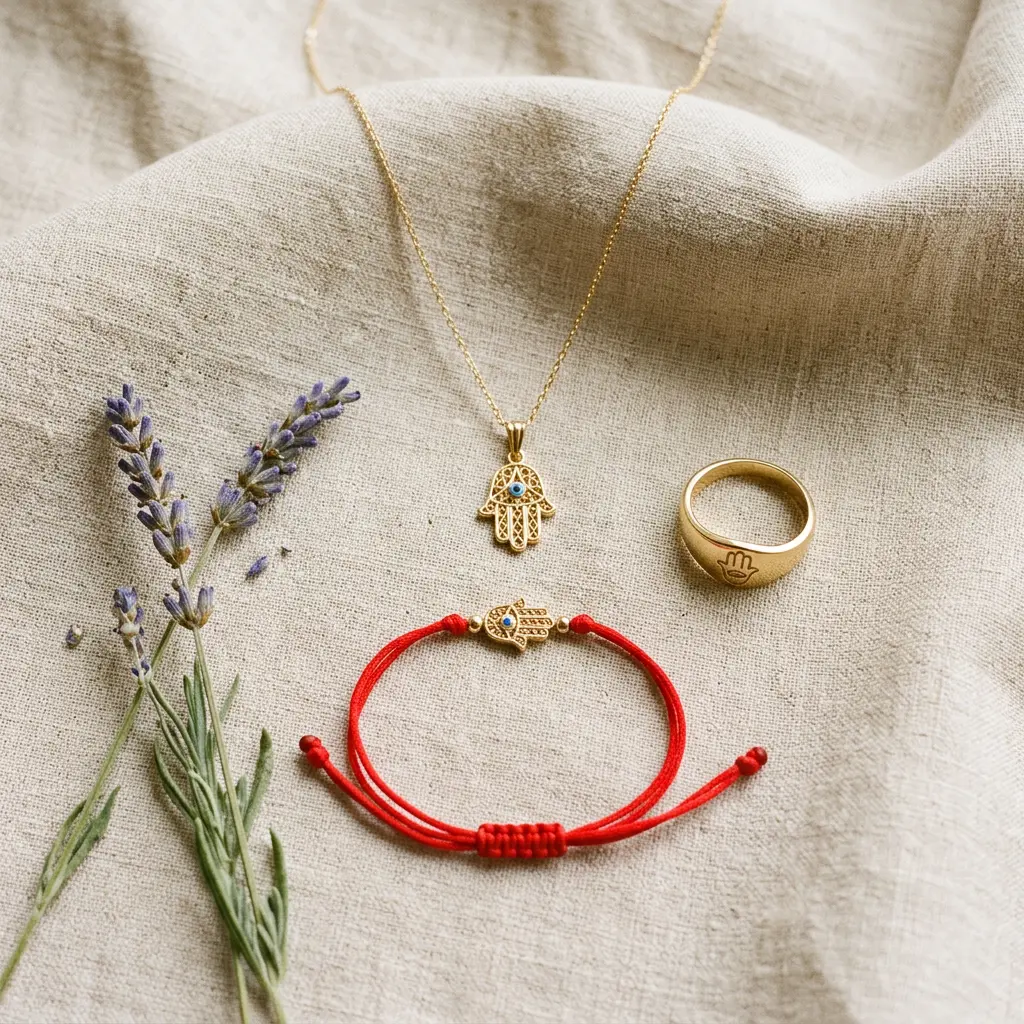 Flat lay of three Hamsa jewelry pieces — a necklace, a bracelet, and a ring — arranged together