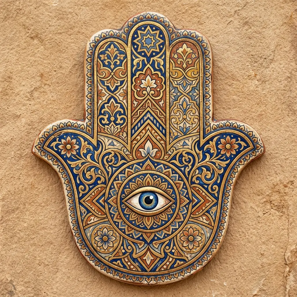 Ornate Hamsa hand illustration with intricate patterns representing its shared cultural and religious history