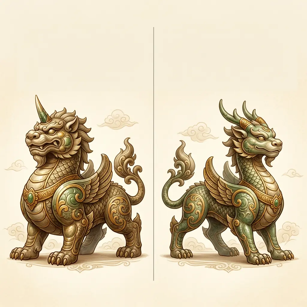 Comparison chart of male Pixiu with one horn and female Pixiu with two horns, plus head direction and body build.