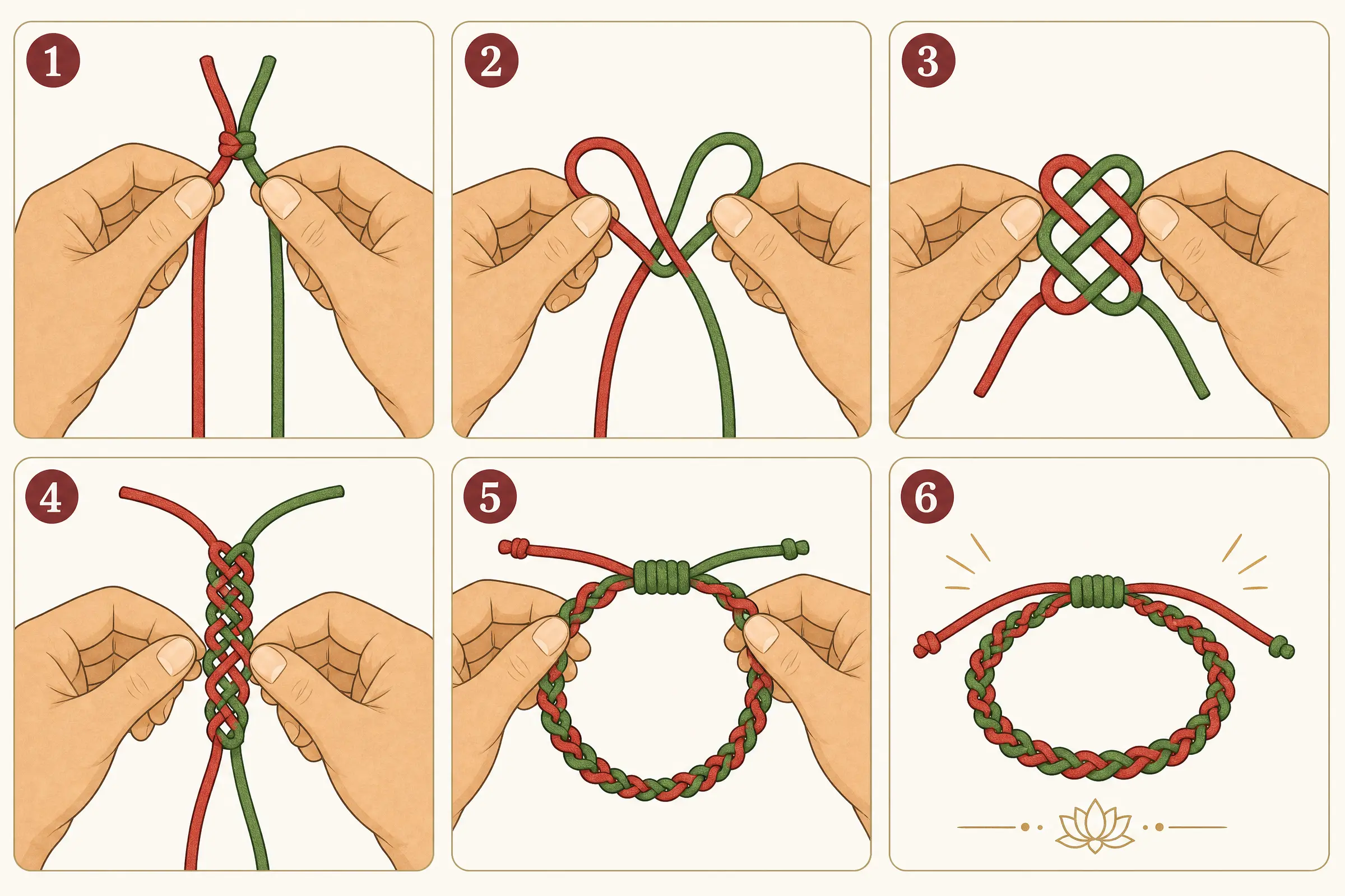 Six-step illustrated guide showing hands braiding a red and green Vajra knot cord bracelet from start to finish